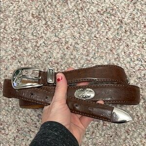 Ostrich Print Leather Belt with Western Silver Accents - Brown